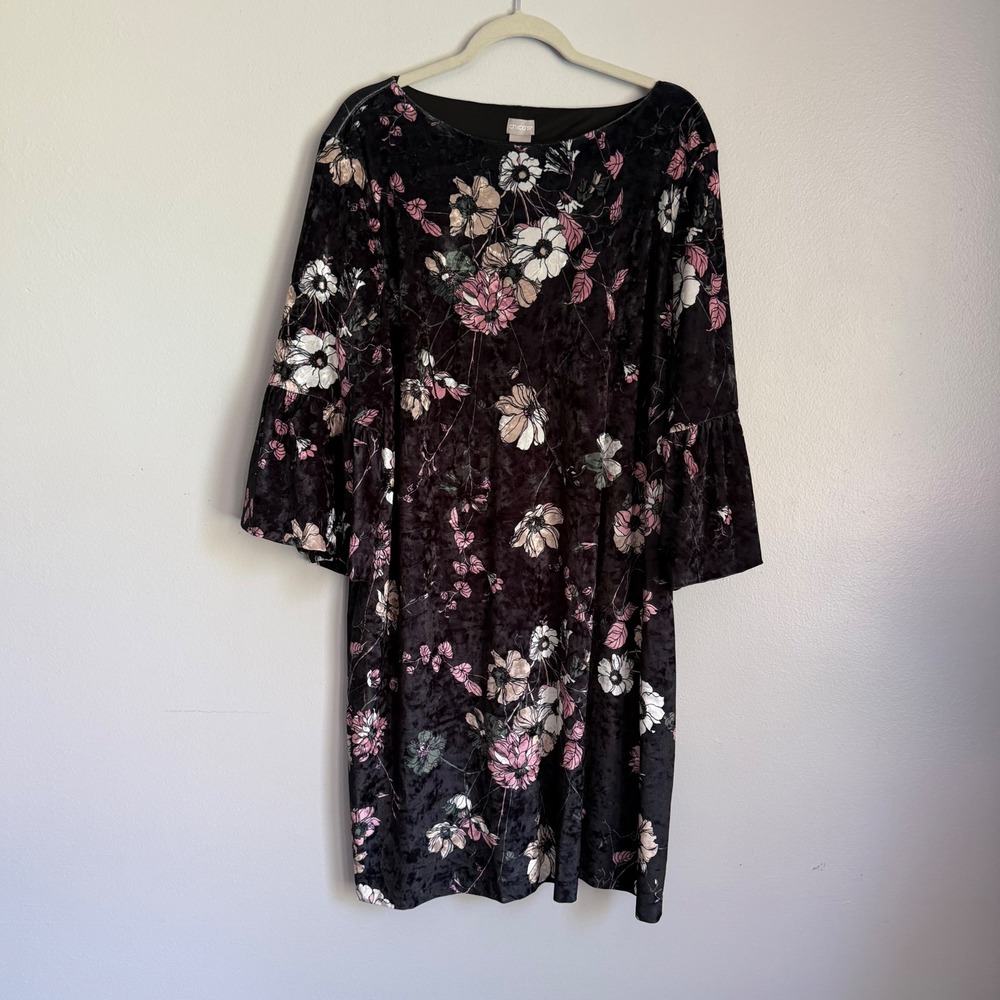 Chicos 4 Velvet Dark Floral Bell Sleeve Shift Dress Modest‎ US 20/22 Large